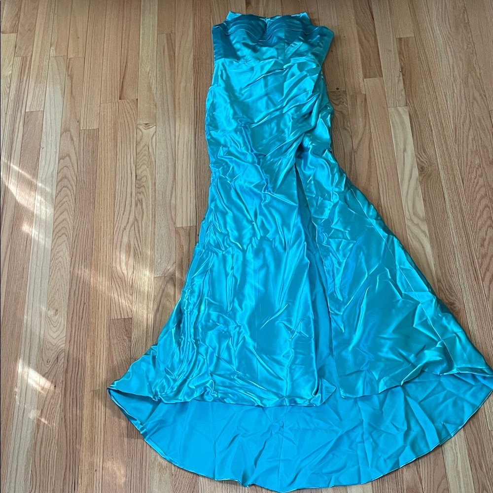Formal Gown Womens 6 Blue Satin Strapless Slit Dress Evening Bridesmaid Wedding